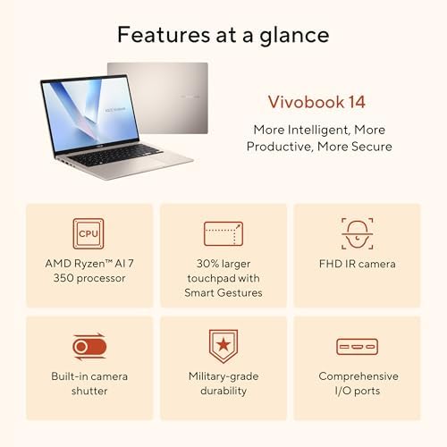 41I9N1VknHL._AC_.jpg ASUS Vivobook 14 Laptop, Copilot+ PC, 14” WUXGA 60Hz Display, AMD Ryzen AI 7 350 with XDNA NPU, AMD Radeon Graphics, 16GB RAM, 512GB SSD, Platinum Gold, M1407KA-PS74 : Electronics