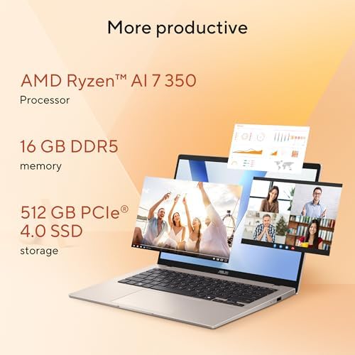 41OWODAXQaL._AC_.jpg ASUS Vivobook 14 Laptop, Copilot+ PC, 14” WUXGA 60Hz Display, AMD Ryzen AI 7 350 with XDNA NPU, AMD Radeon Graphics, 16GB RAM, 512GB SSD, Platinum Gold, M1407KA-PS74 : Electronics
