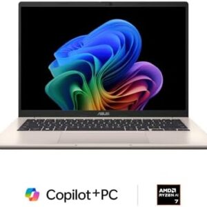41kuC45OQL._AC_.jpg ASUS Vivobook 14 Laptop, Copilot+ PC, 14” WUXGA 60Hz Display, AMD Ryzen AI 7 350 with XDNA NPU, AMD Radeon Graphics, 16GB RAM, 512GB SSD, Platinum Gold, M1407KA-PS74 : Electronics