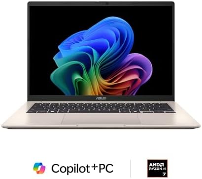 41kuC45OQL._AC_.jpg ASUS Vivobook 14 Laptop, Copilot+ PC, 14” WUXGA 60Hz Display, AMD Ryzen AI 7 350 with XDNA NPU, AMD Radeon Graphics, 16GB RAM, 512GB SSD, Platinum Gold, M1407KA-PS74 : Electronics