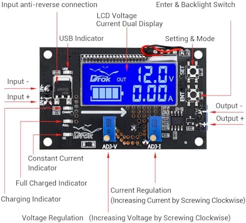 DROK DC Buck Converter Adjustable Voltage Regulator 12V 6V-32V to 1.5-32V 5A, LCD Screen Step Down Converter with USB Port and Protective Case : Electronics